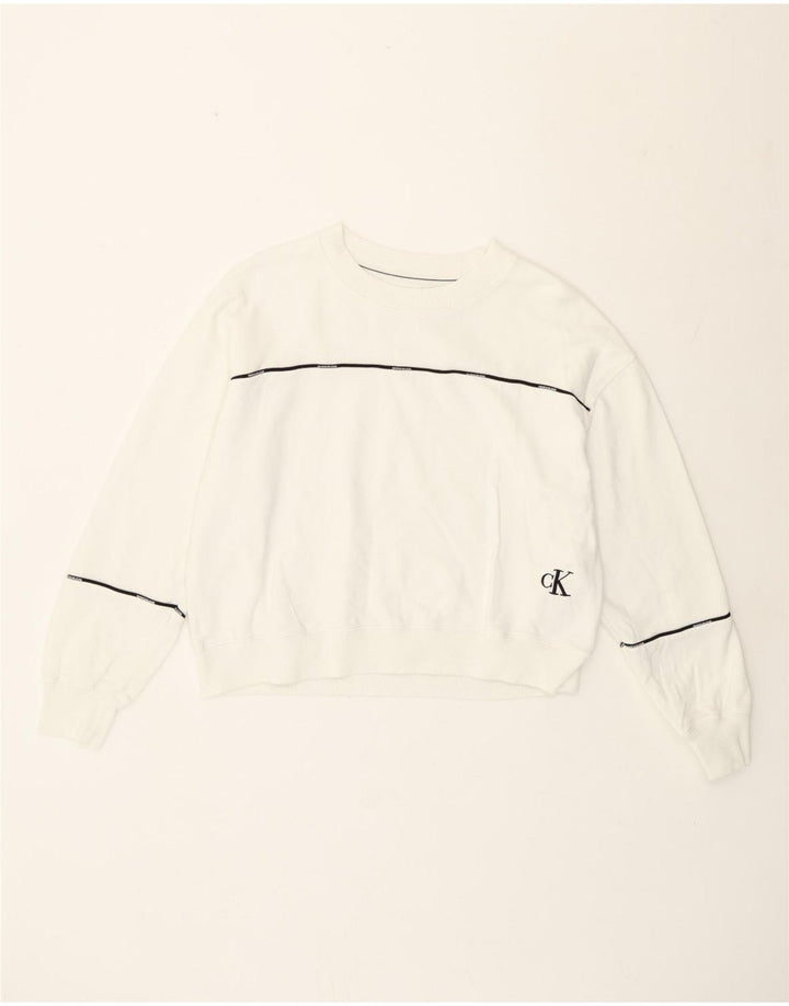 Calvin Klein Suéter Crop Feminino UK 14 Médio Listrado Branco