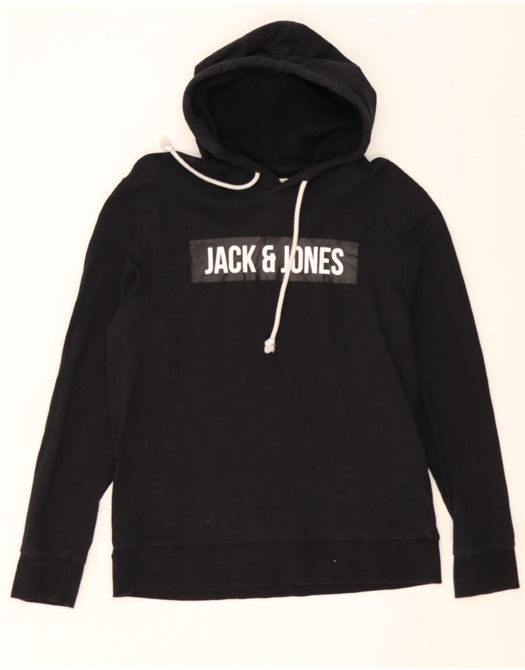 JACK & JONES Mens Graphic Hoodie Jumper Medium Black Cotton Vintage Jack & Jones and Second-Hand Jack & Jones from Messina Hembry 