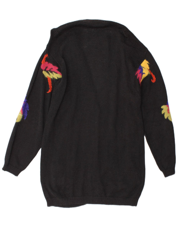 Suéter cardigã feminino vintage longline UK 14 médio preto floral novidade
