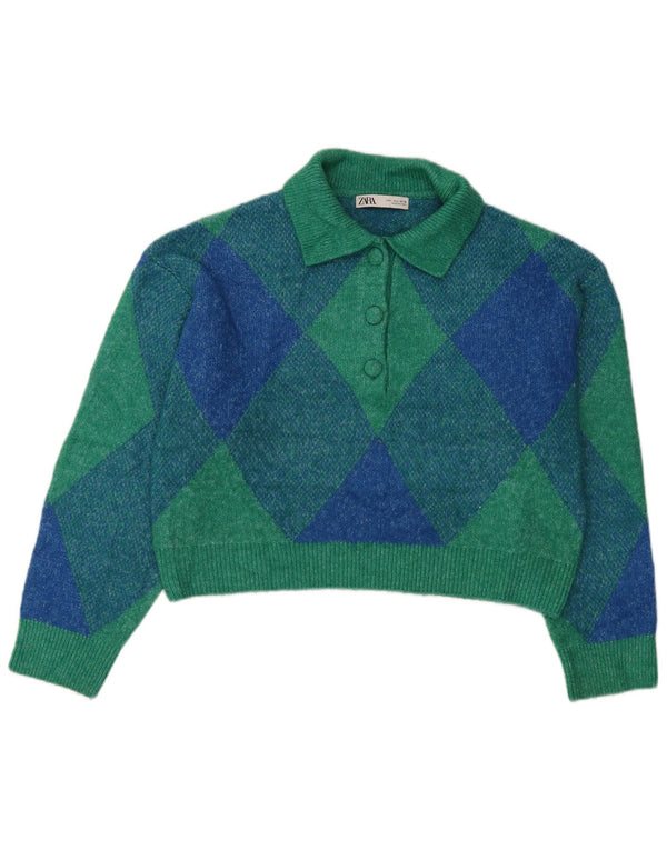 Zara Suéter feminino oversized com gola polo, Reino Unido 14, grande, verde, retrô