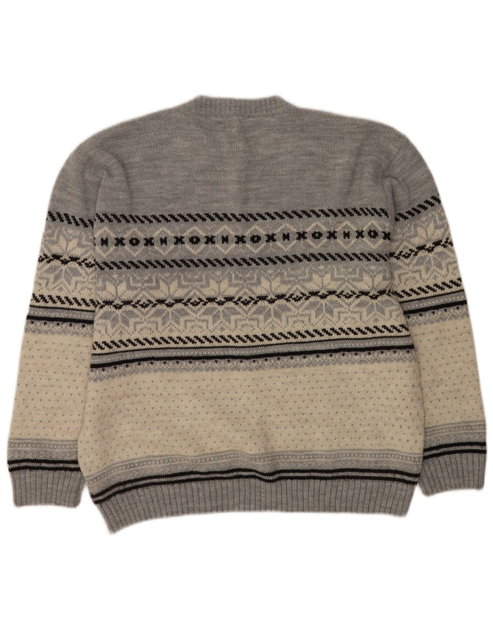 Suéter vintage masculino com gola redonda, cinza médio, acrílico Fair Isle
