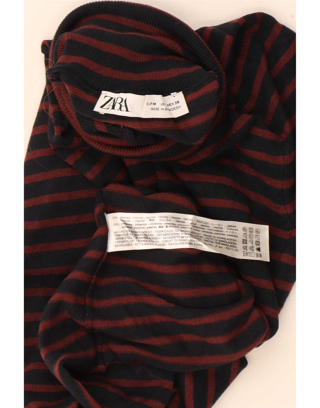 Top feminino Zara manga comprida UK 12 viscose listrada azul marinho médio