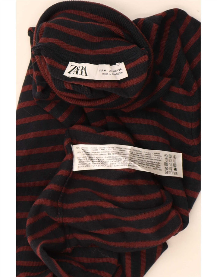 Top feminino Zara manga comprida UK 12 viscose listrada azul marinho médio