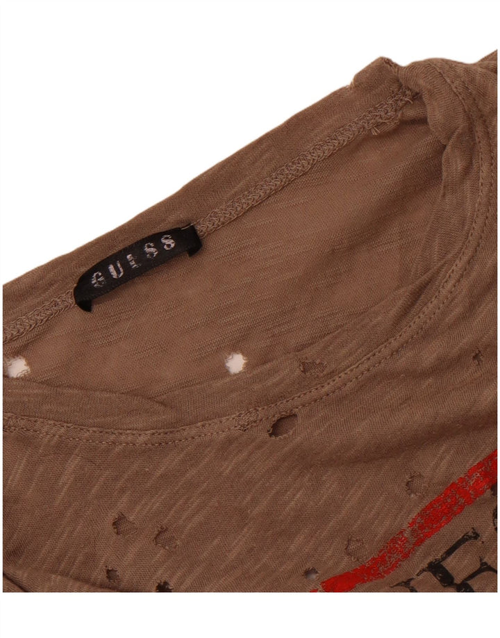 Camiseta feminina com estampa perfurada Guess Reino Unido 14 marrom médio