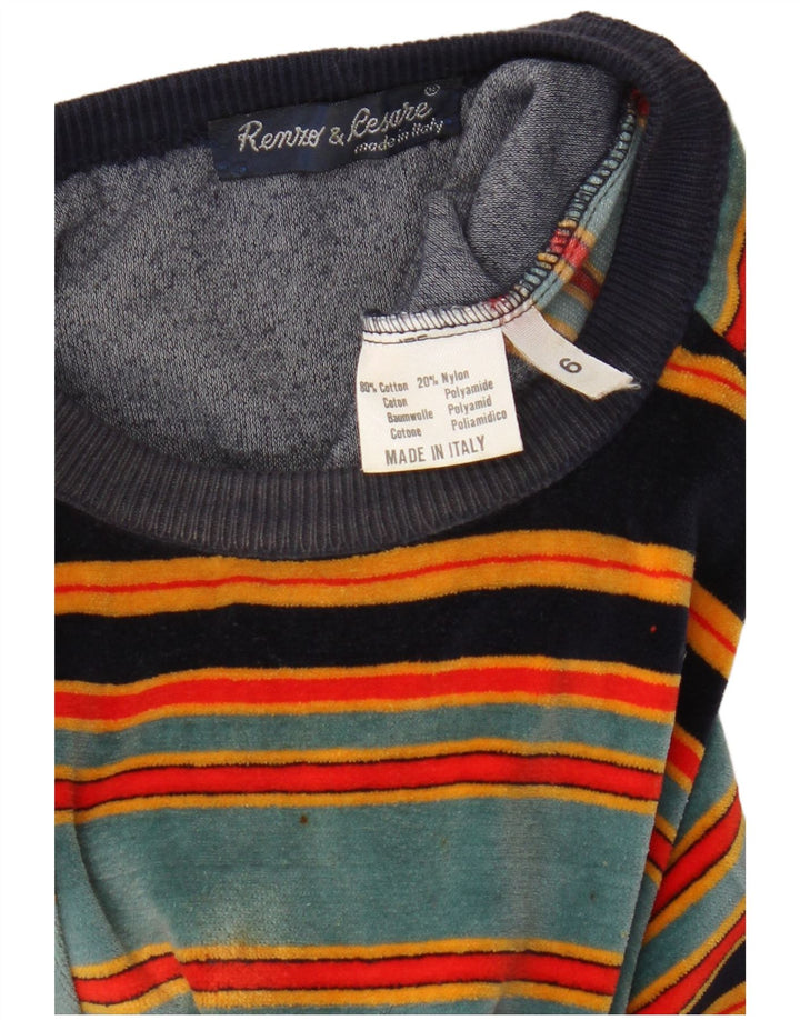 Suéter masculino vintage de tecido felpudo, algodão listrado médio azul marinho