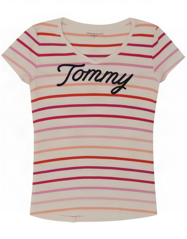 Camiseta feminina Tommy Hilfiger com estampa gráfica UK 14 algodão listrado branco médio