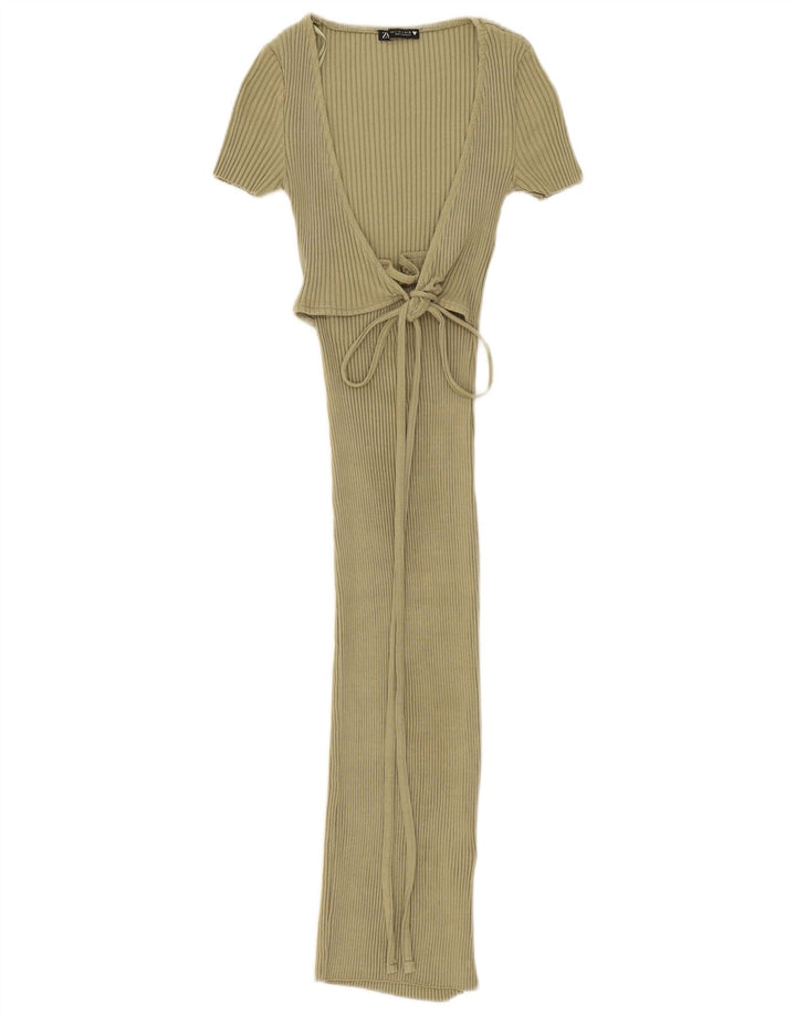 Vestido maxi feminino Zara Reino Unido 8 pequeno algodão cáqui