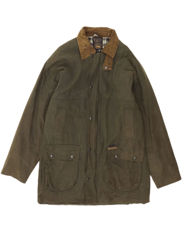 Sobretudo vintage masculino de algodão encerado UK 40 verde grande
