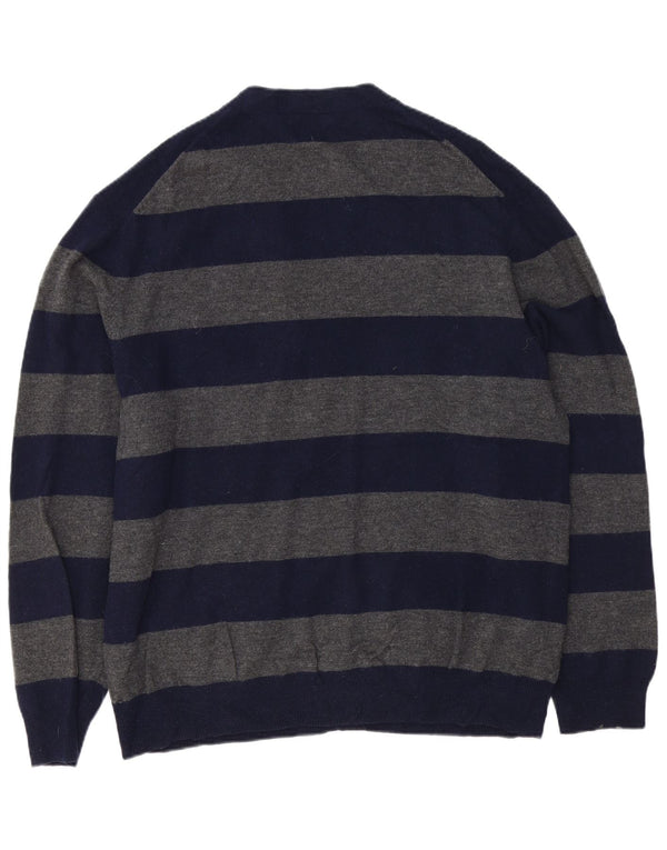 FRENCH CONNECTION Mens Cardigan Sweater 2XL Navy Blue Striped Lambswool