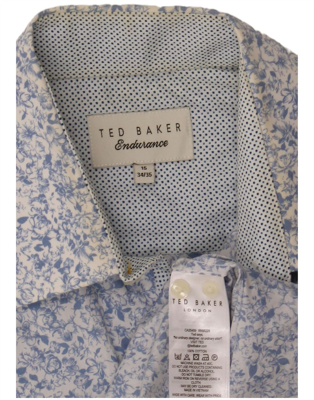 Camisa masculina Ted Baker tamanho 15 algodão floral azul médio