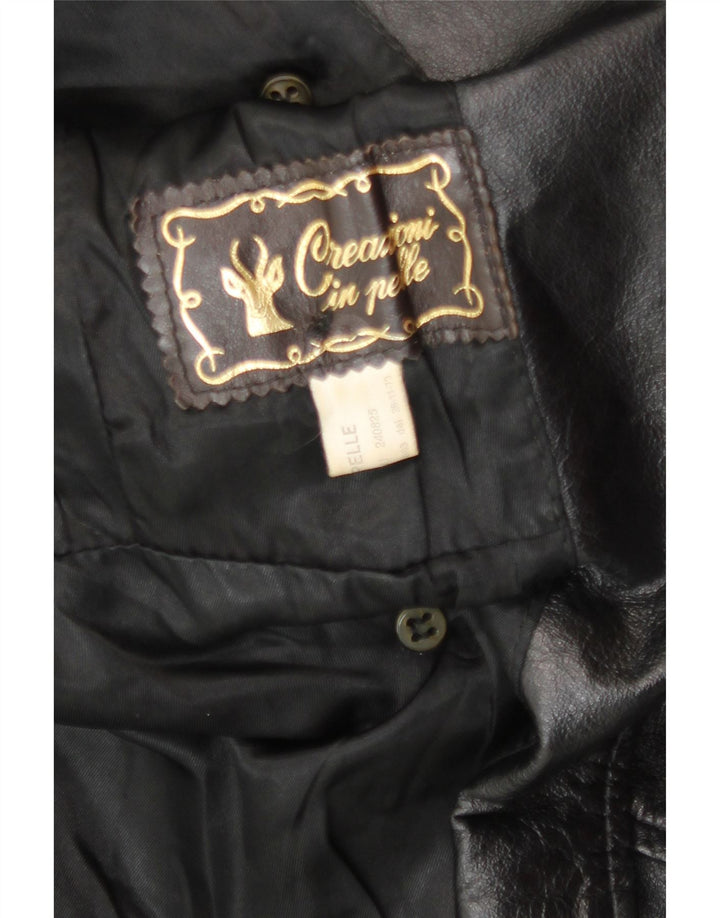 Casaco de couro vintage feminino com peito duplo Reino Unido 14 couro preto grande