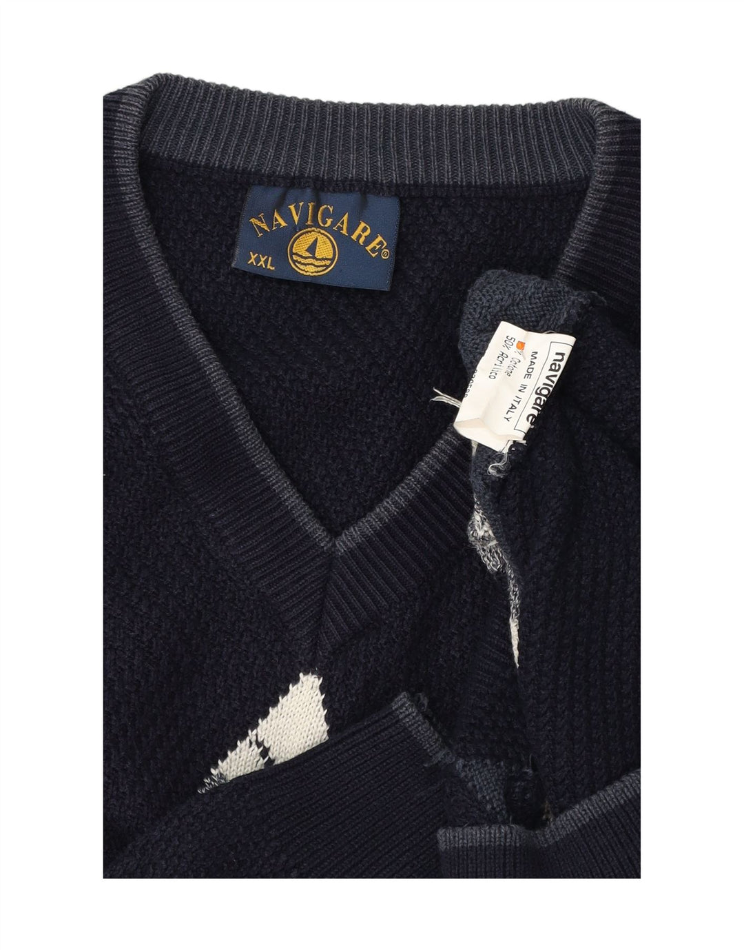 Suéter masculino NAVIGARE com decote em V 2XL azul marinho algodão argyle/diamante