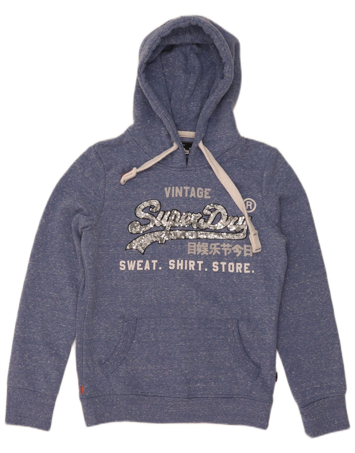 Superdry feminino gráfico moletom com capuz UK 8 pequeno poliéster manchado azul