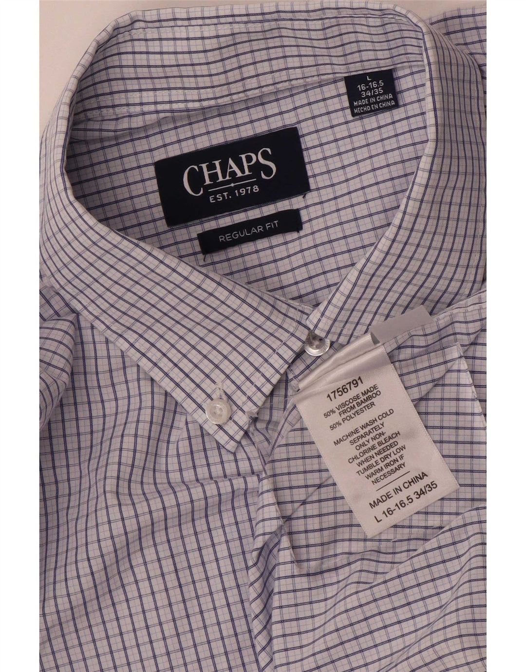 Camisa masculina de ajuste regular Chaps tamanho 16 16,5 grande azul guingão viscose