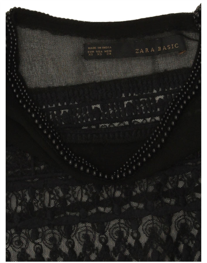 Top feminino Zara de renda transparente Reino Unido 6 XS azul marinho