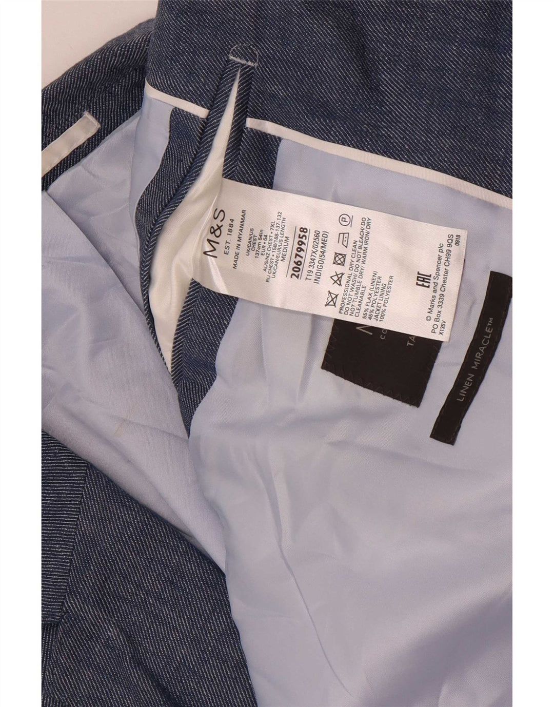 Jaqueta blazer masculina de 2 botões Marks & Spencer UK 54 7XL azul linho clássico