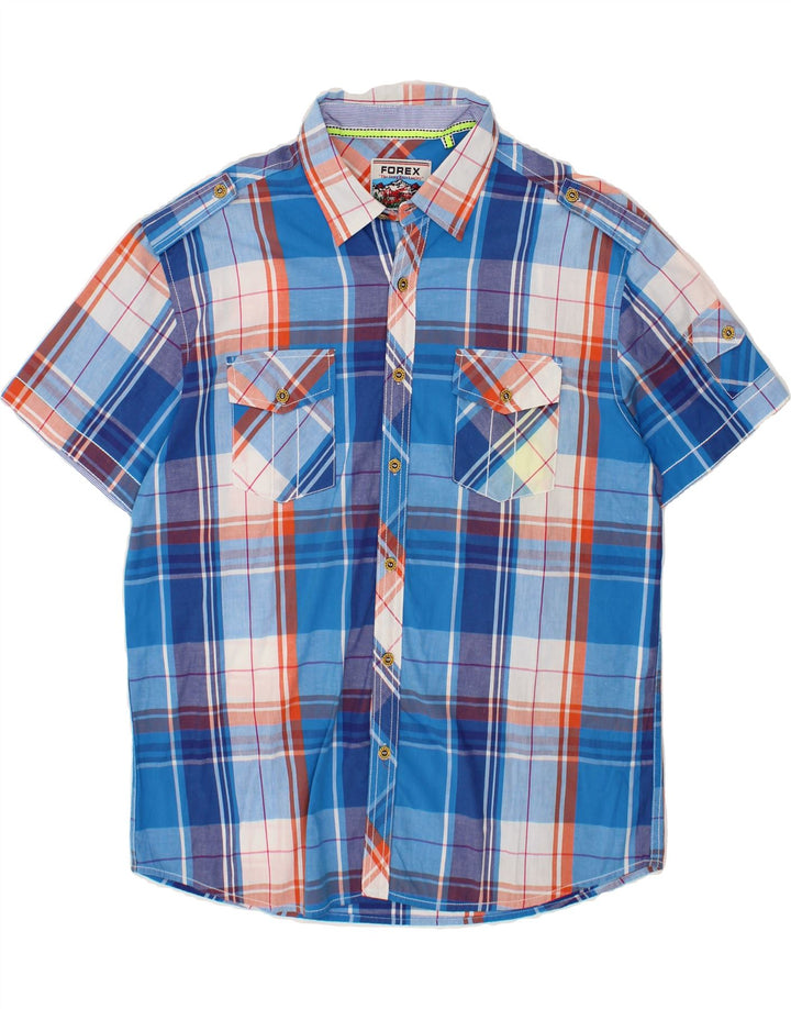 FOREX Mens Short Sleeve Shirt Medium Blue Check Cotton Vintage Forex and Second-Hand Forex from Messina Hembry 