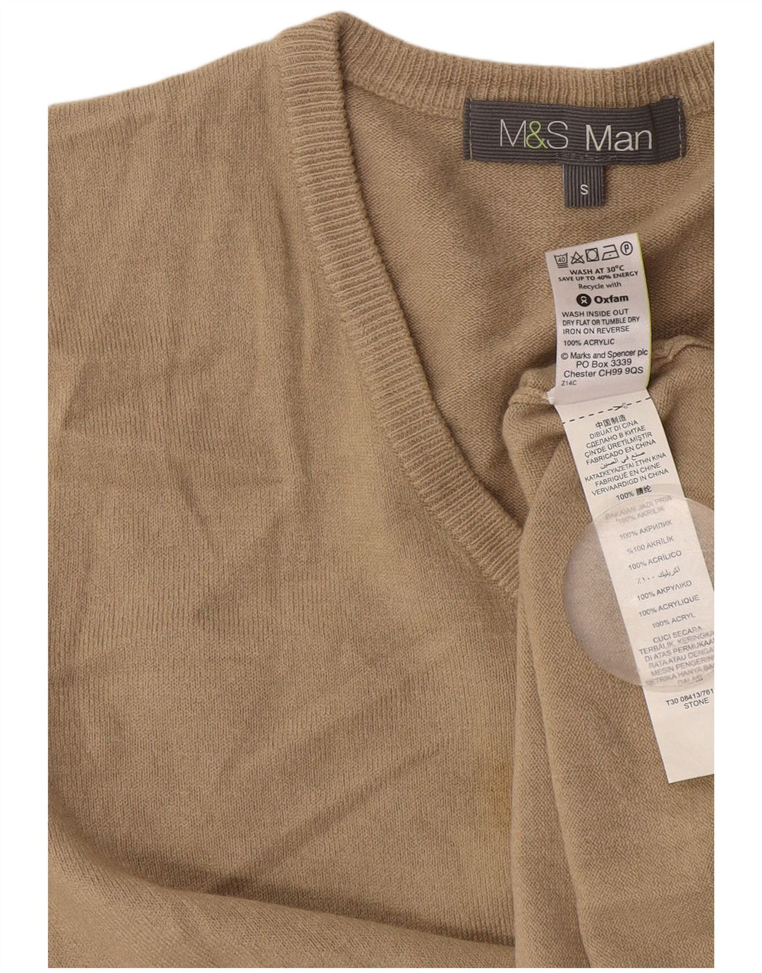 Suéter masculino Marks & Spencer com decote em V pequeno acrílico bege