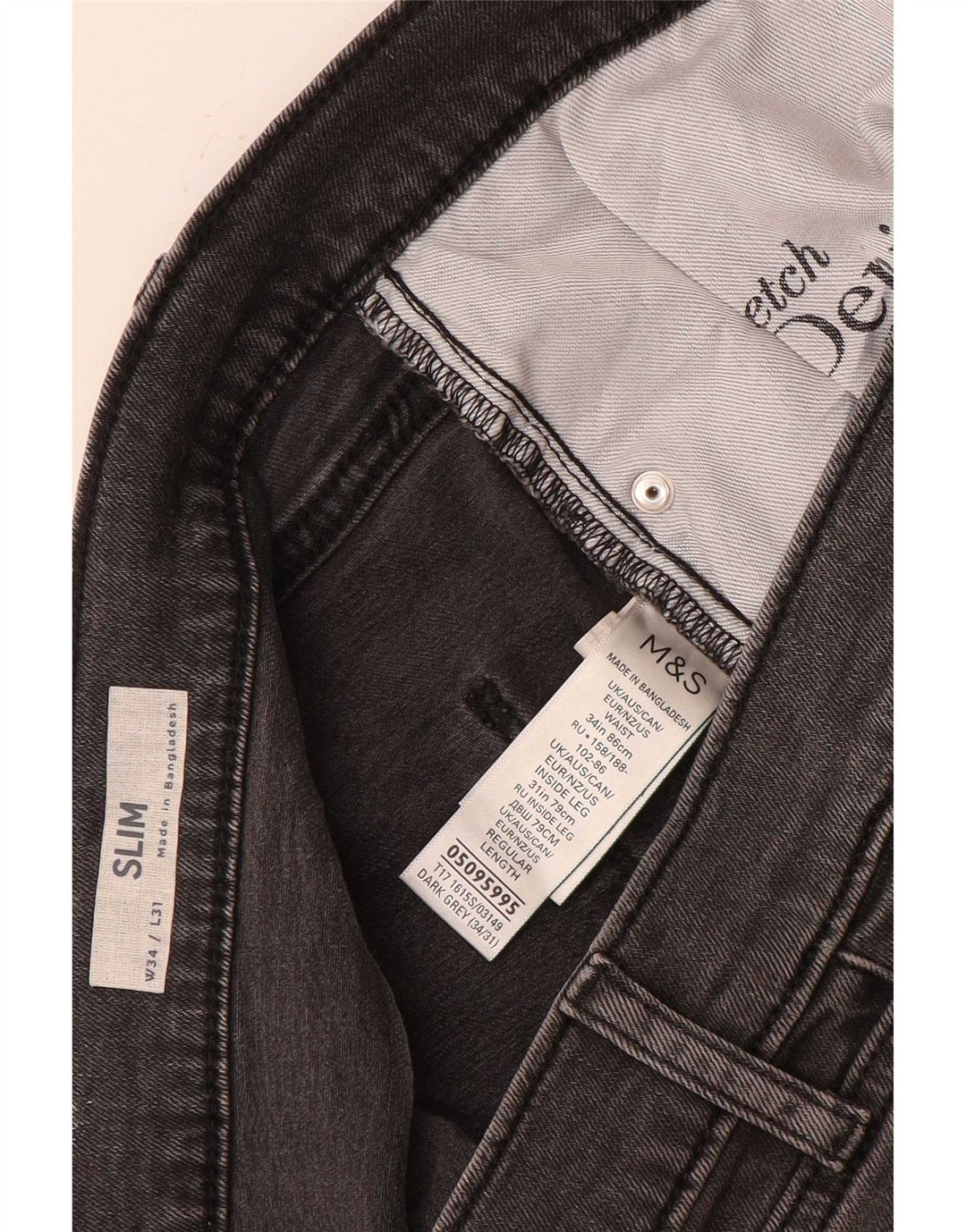 Marks & Spencer Mens Slim Jeans W34 L31 Algodão Cinza