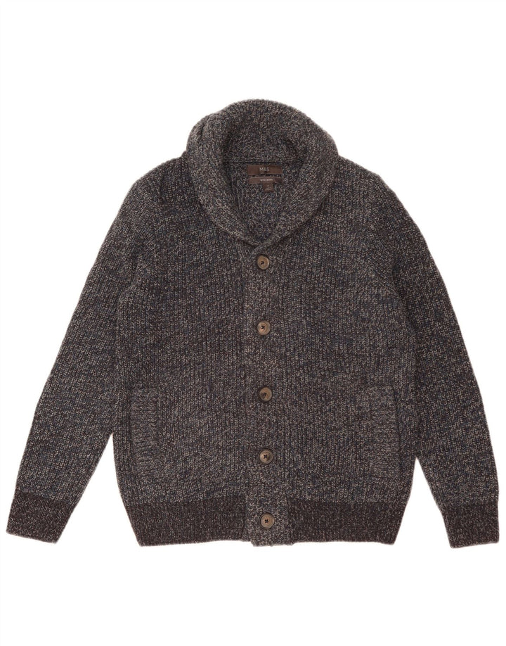 Suéter cardigã masculino Marks & Spencer lã manchada azul médio