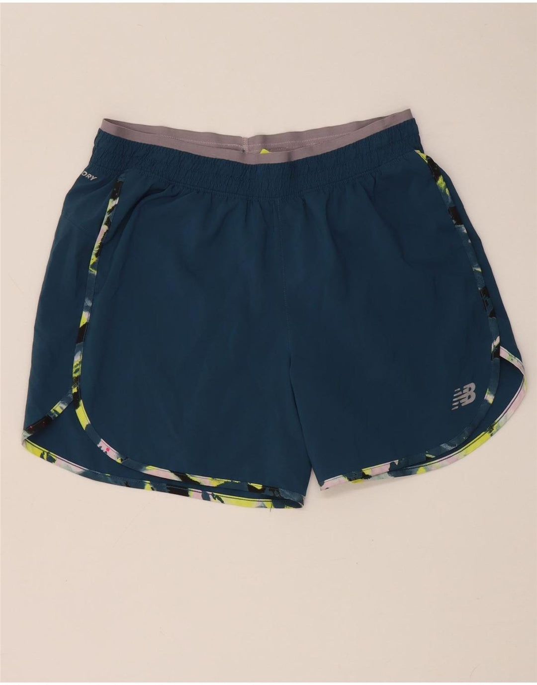 Shorts esportivos gráficos femininos New Balance UK 14 poliéster azul médio