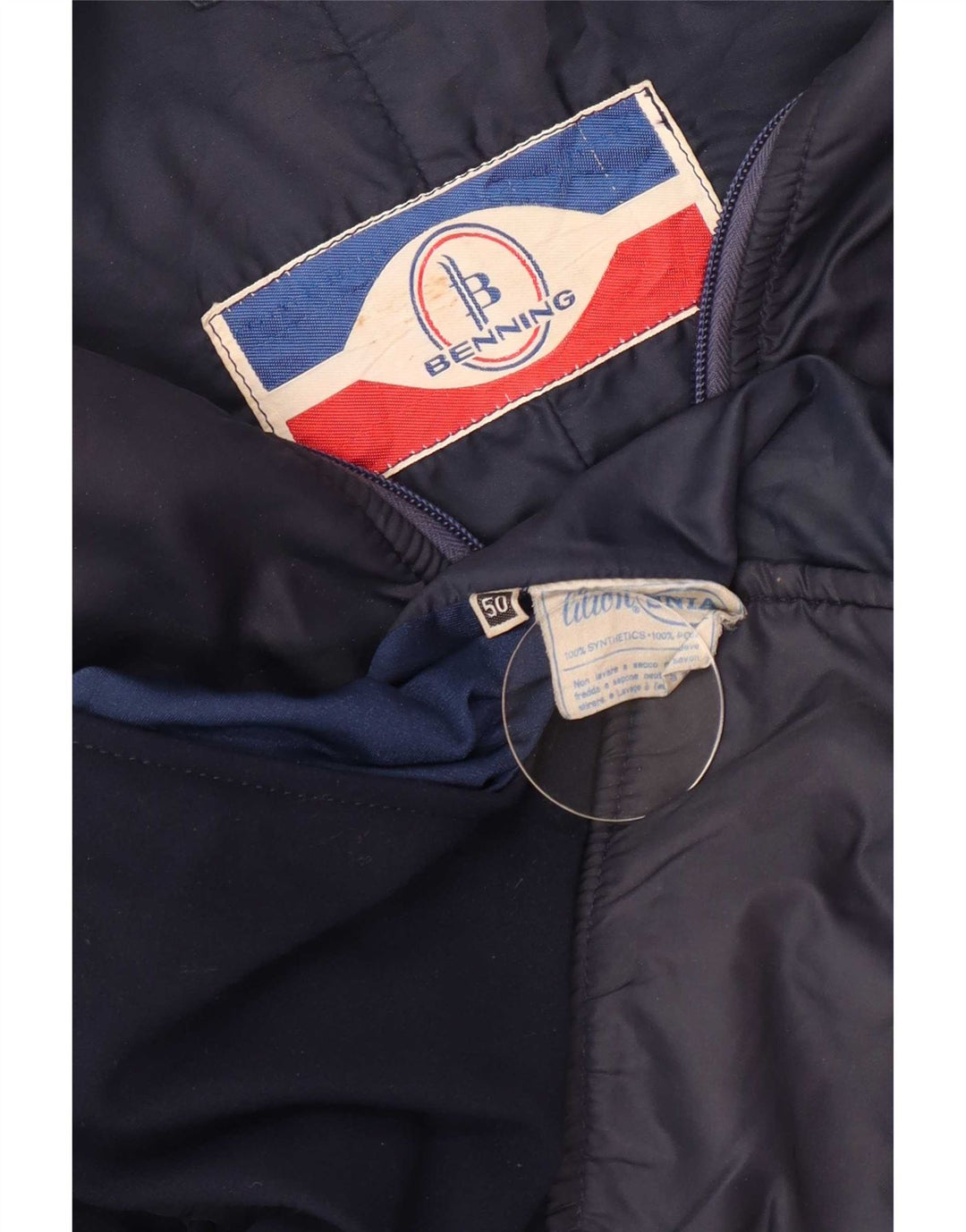Jaqueta de esqui acolchoada masculina vintage tamanho 50 azul marinho médio colorblock retrô