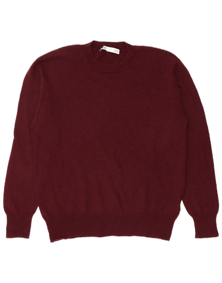 Suéter masculino ZARA com gola redonda, pequeno de lã cor de vinho