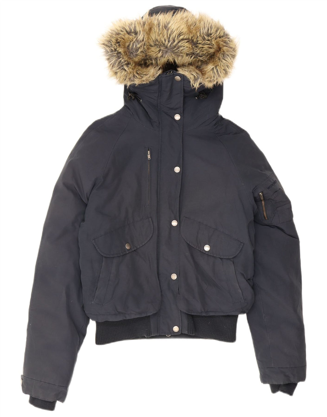 Jaqueta feminina acolchoada com capuz Woolrich Reino Unido 12 algodão azul marinho médio