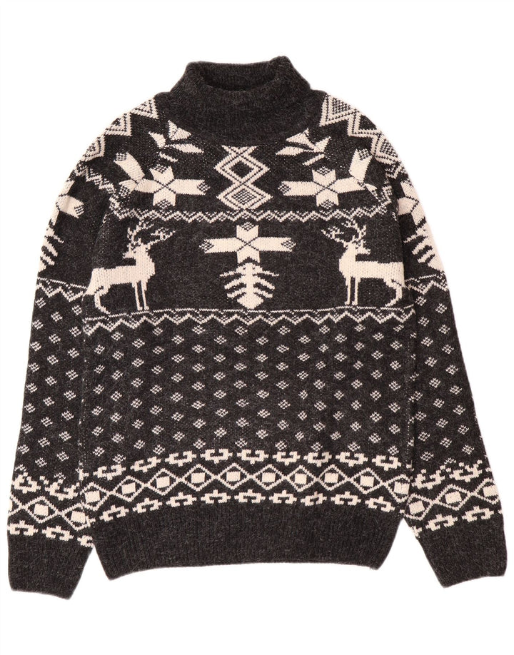 Suéter masculino Aton com gola tartaruga médio preto Fair Isle Christmas