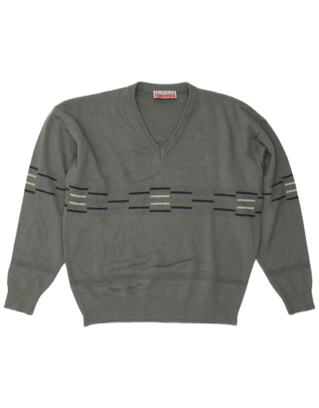 Suéter masculino VINTAGE com decote em V grande listrado cinza