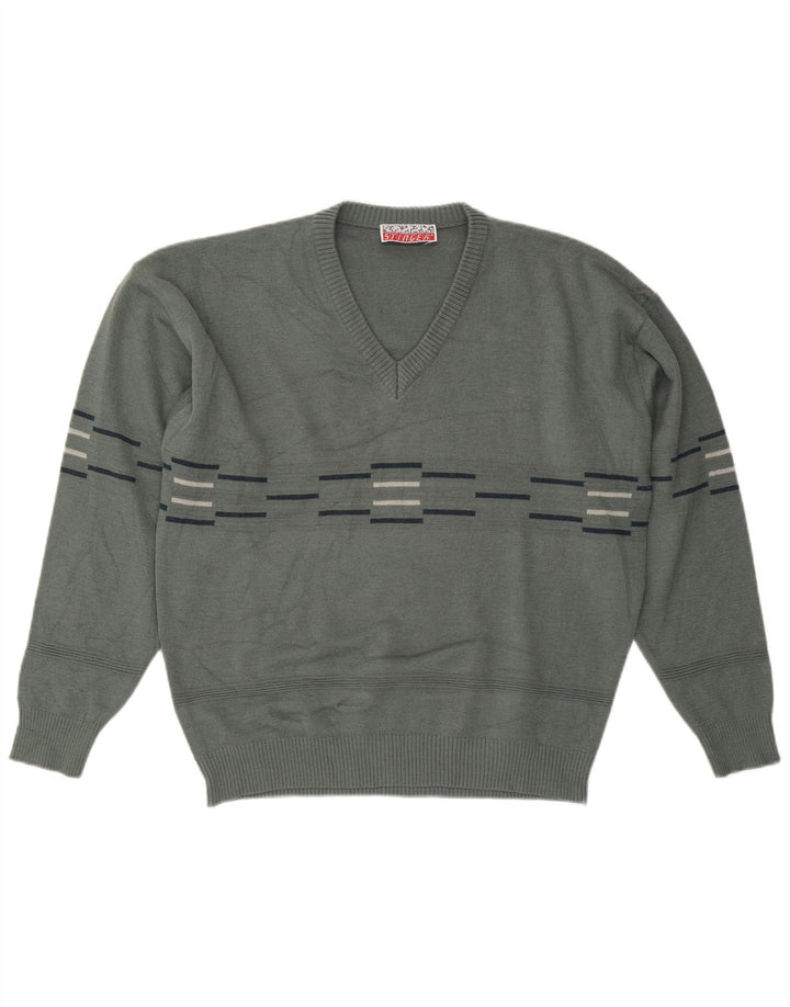Suéter masculino VINTAGE com decote em V grande listrado cinza
