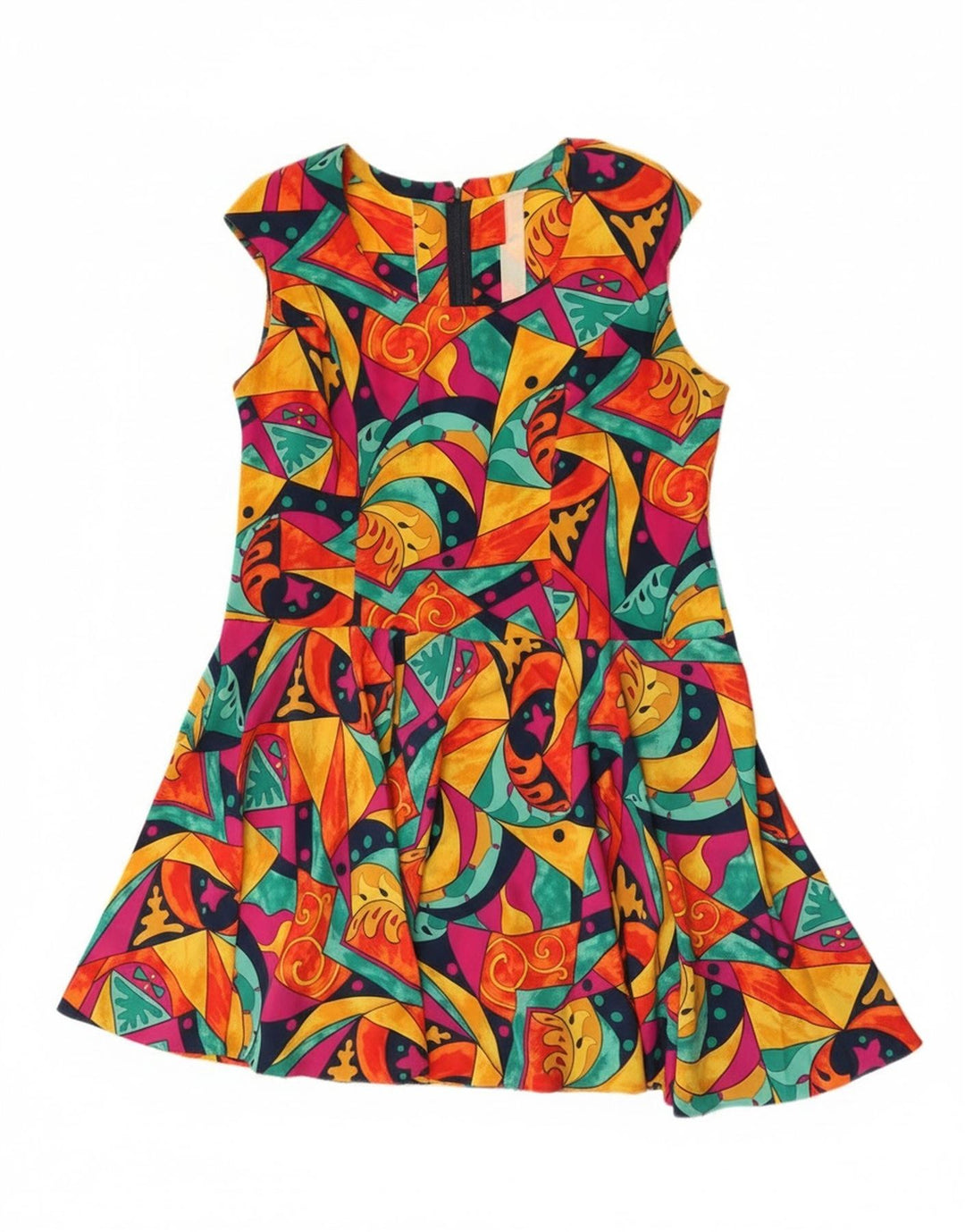 Vestido vintage feminino linha A Reino Unido 16 grande geométrico multicolorido