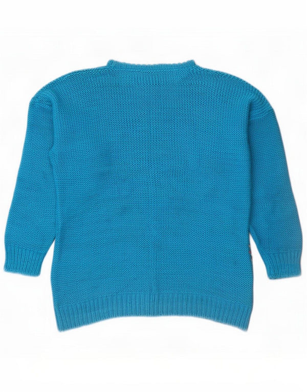 Suéter feminino vintage com gola canoa Reino Unido 14 algodão geométrico azul médio