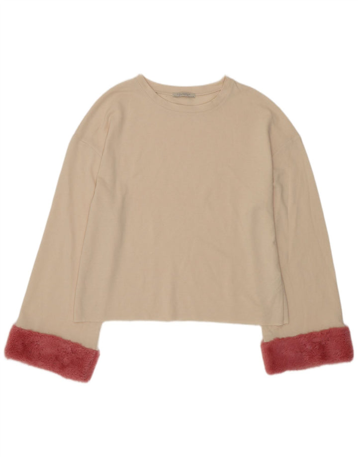 Zara Top feminino oversized manga comprida Reino Unido 10 bloco colorido bege pequeno