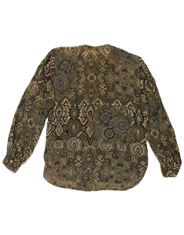 Blusa feminina vintage UK 16 grande cáqui geométrica