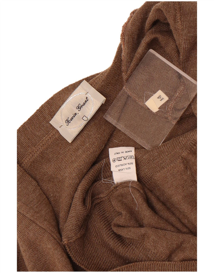 Suéter cardigã feminino vintage Reino Unido 14 grande lã marrom