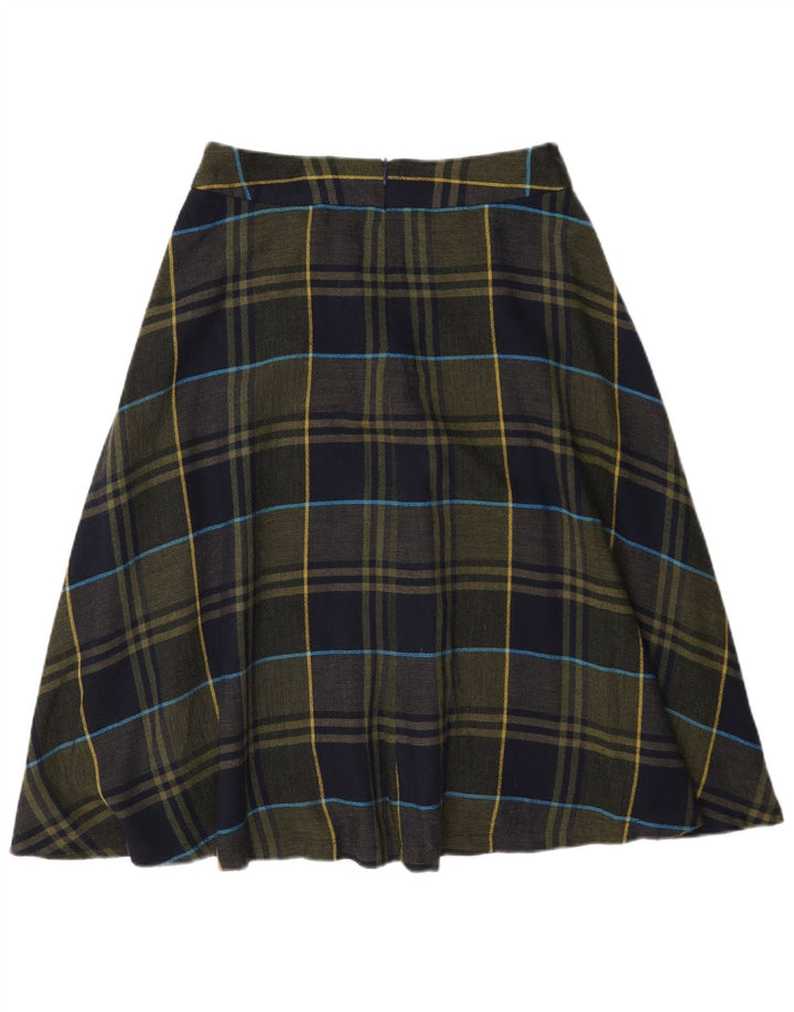 Saia larga feminina Benetton Reino Unido 8 pequena W27 cáqui xadrez viscose