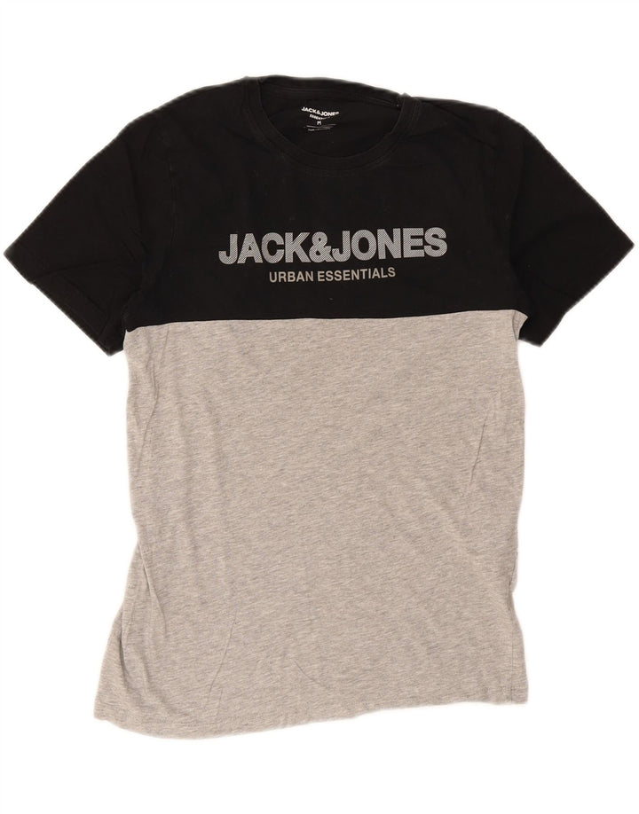 JACK & JONES Camiseta masculina gráfica Top médio preto colorblock algodão