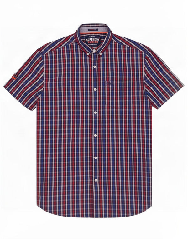 Camisa masculina Superdry manga curta regular fit médio azul xadrez algodão