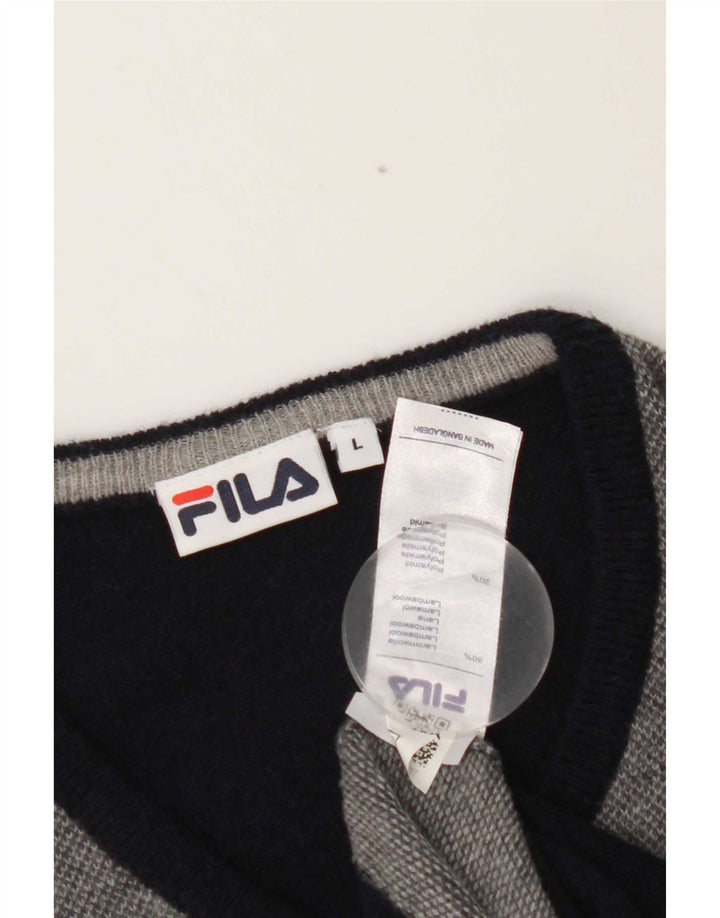 Suéter masculino Fila com decote em V, grande, azul marinho, lã de cordeiro