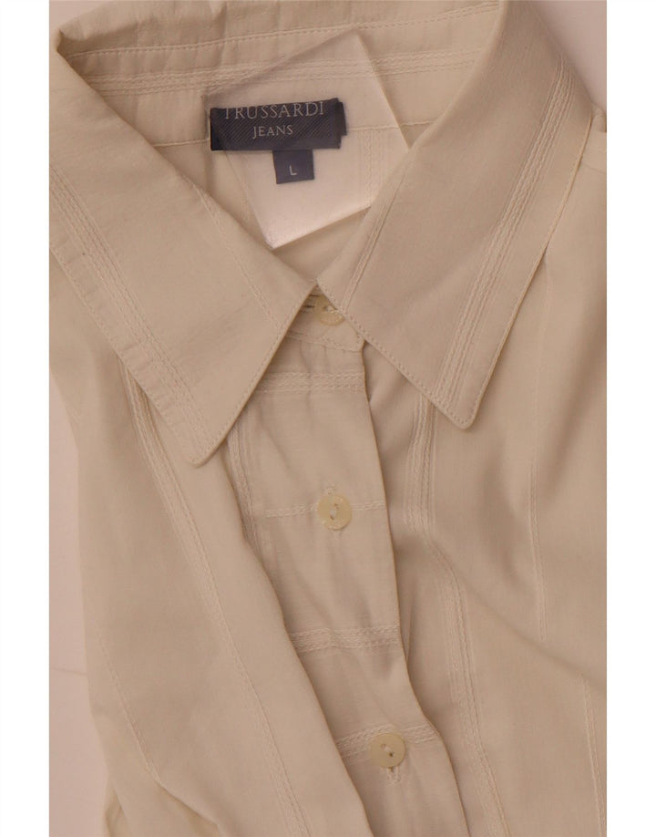 Blusa feminina TRUSSARDI JEANS UK 14 grande listrada branca