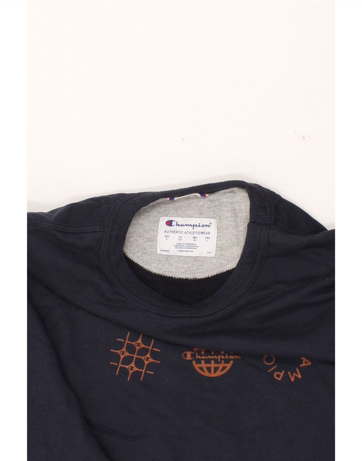 CHAMPION Mens Graphic Sweatshirt Jumper Small Navy Blue Cotton Vintage Champion and Second-Hand Champion from Messina Hembry 