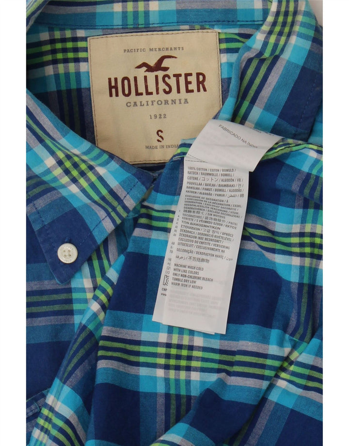 Camisa masculina Hollister pequena xadrez azul de algodão