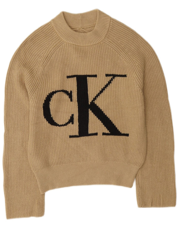 Suéter feminino Calvin Klein Jeans com gola tartaruga gráfica UK 6 XS bege