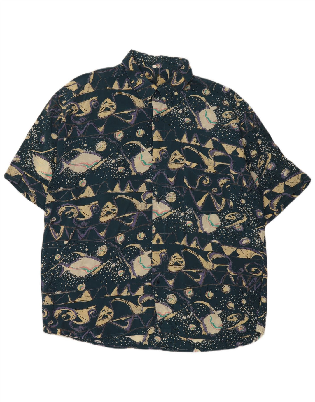 Camisa masculina vintage abstrata padrão manga curta XL azul viscose retrô