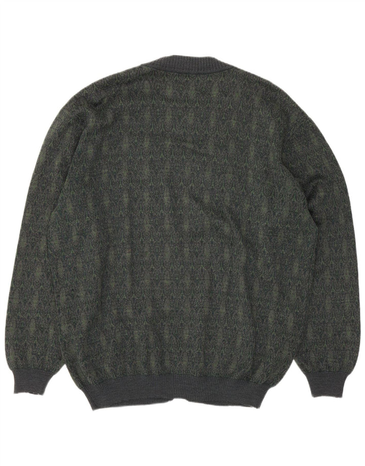Suéter cardigã masculino vintage grande lã geométrica verde