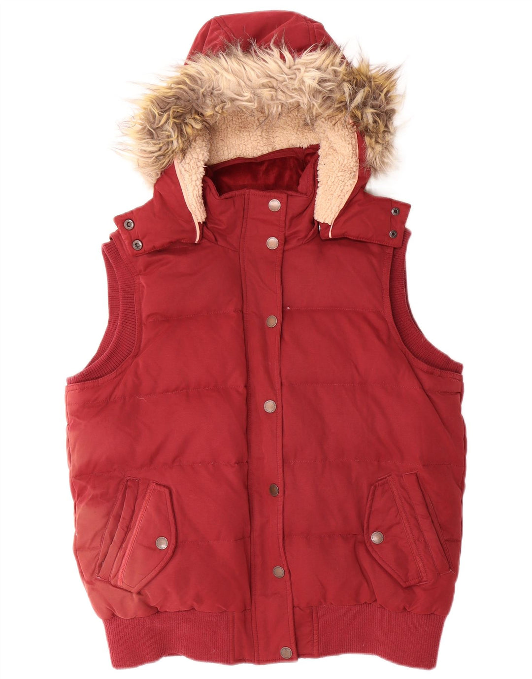 Gilet acolchoado encapuçado UK 14 grande poliéster vermelho das mulheres gordas da cara