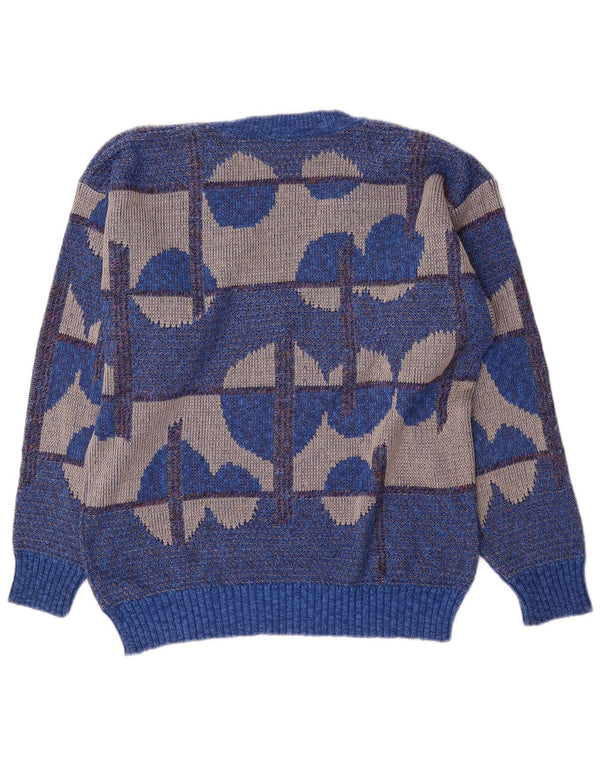 Suéter masculino vintage com decote em V IT 50 algodão geométrico azul médio