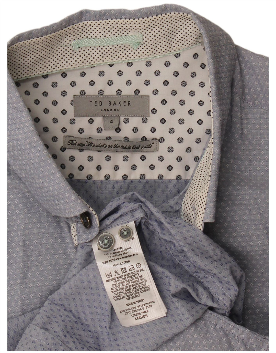 Camisa masculina Ted Baker com padrão abstrato tamanho 4 grande algodão azul