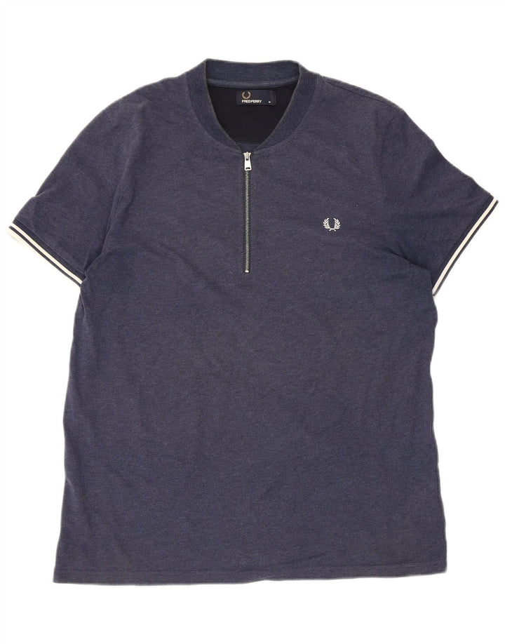 Camiseta masculina Fred Perry com zíper e gola alta listrada azul marinho médio